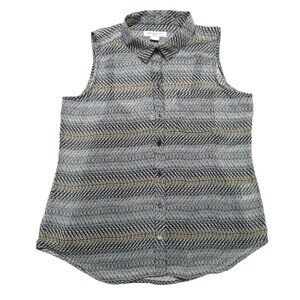 Liz Claiborne Top Womens Petite PM Gray Button Up Chevron Sheer Sleeveless